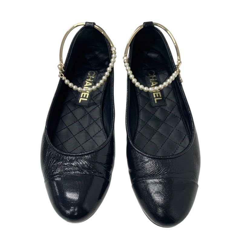 Chanel Flat Shoes Leather Black Gold Ballet Ballerina Coco Mark Pearl — view 2