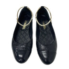Chanel Flat Shoes Leather Black Gold Ballet Ballerina Coco Mark Pearl — view 2