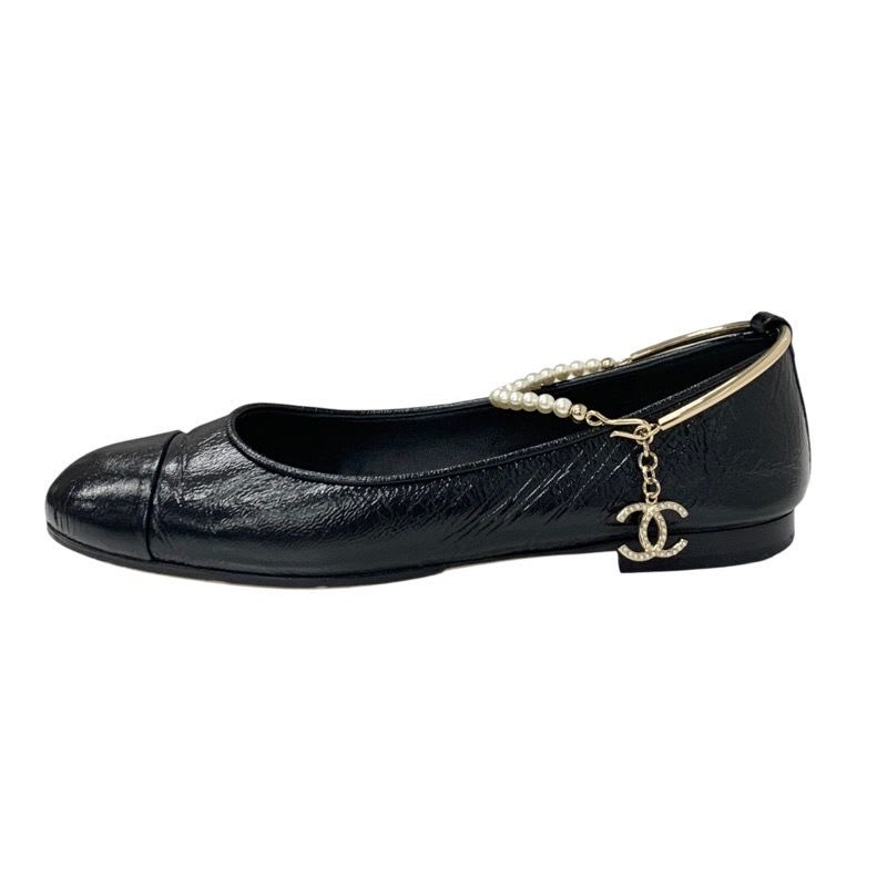Chanel Flat Shoes Leather Black Gold Ballet Ballerina Coco Mark Pearl — view 3