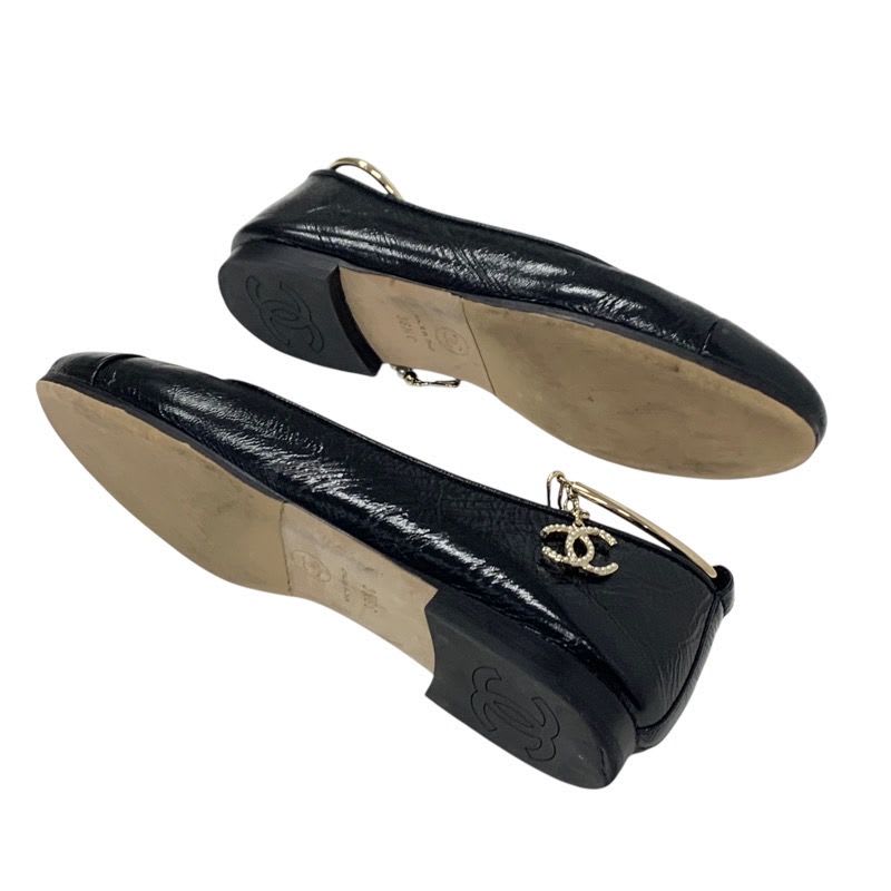 Chanel Flat Shoes Leather Black Gold Ballet Ballerina Coco Mark Pearl — view 6