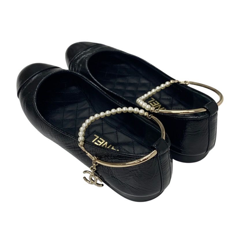 Chanel Flat Shoes Leather Black Gold Ballet Ballerina Coco Mark Pearl — view 4