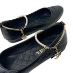 Chanel Flat Shoes Leather Black Gold Ballet Ballerina Coco Mark Pearl — view 9