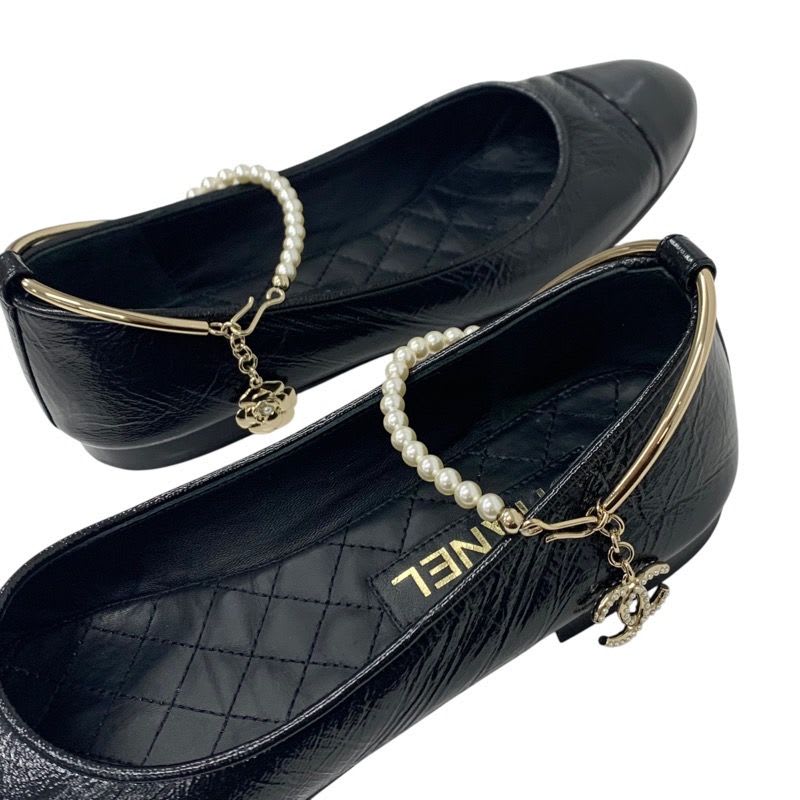 Chanel Flat Shoes Leather Black Gold Ballet Ballerina Coco Mark Pearl — view 9