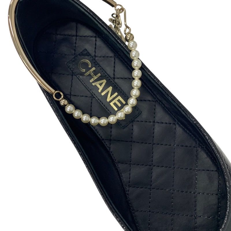 Chanel Flat Shoes Leather Black Gold Ballet Ballerina Coco Mark Pearl — view 7