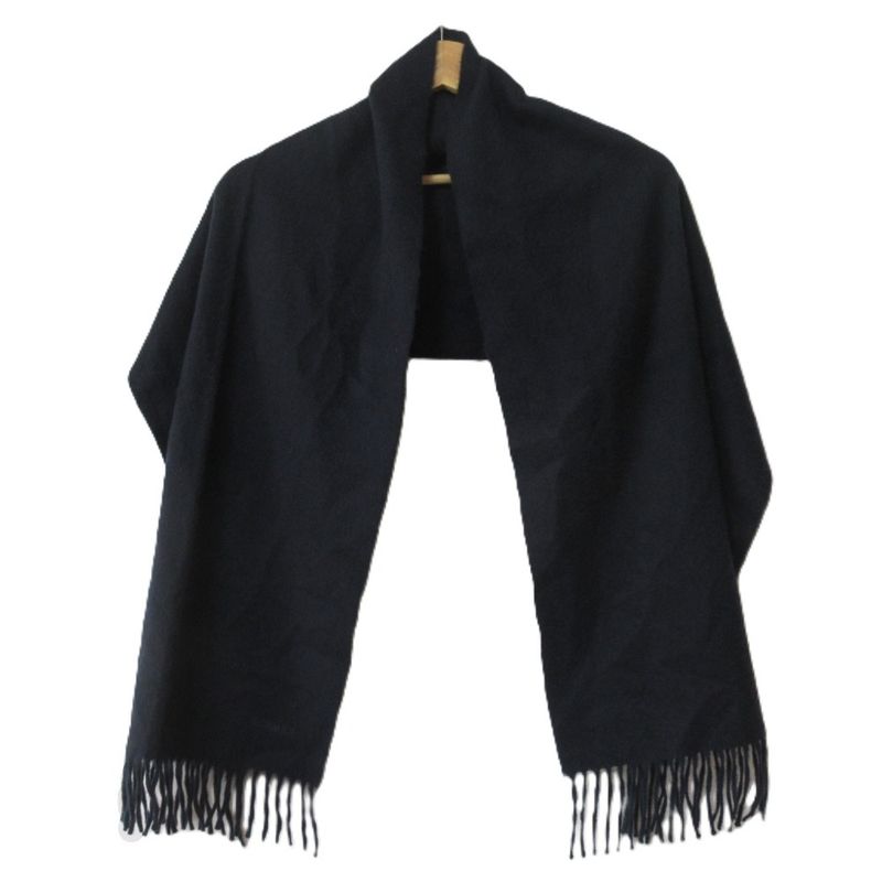 Hermes 100% Cashmere Logo Embroidery Fringe Scarf Navy — view 2