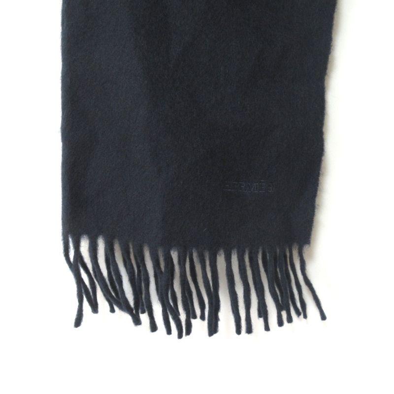 Hermes 100% Cashmere Logo Embroidery Fringe Scarf Navy — view 4