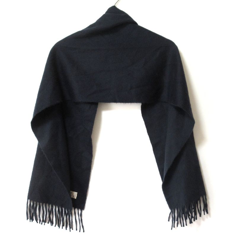 Hermes 100% Cashmere Logo Embroidery Fringe Scarf Navy — view 3
