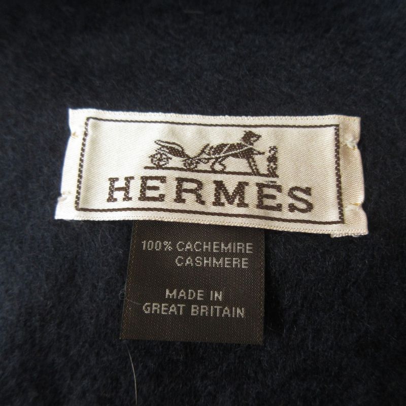 Hermes 100% Cashmere Logo Embroidery Fringe Scarf Navy — view 6
