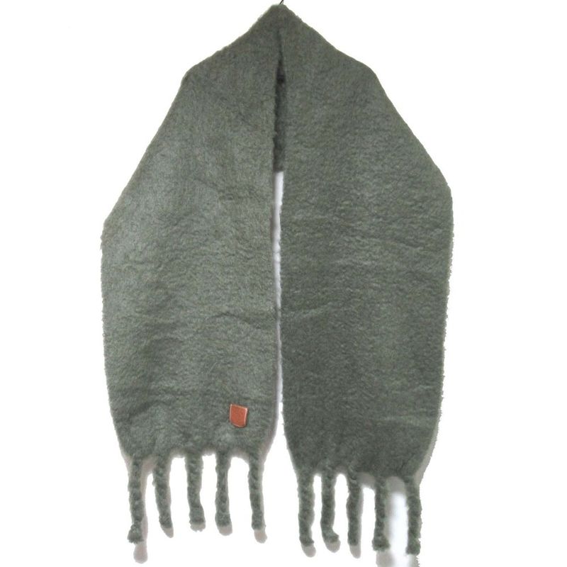 Loewe Anagram Patch Mohair Knit Fringe Scarf X28 Dusty Olive — view 2