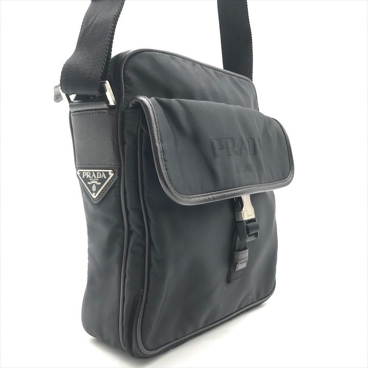 Prada Nylon Tessuto Leather Logo Triangle Shoulder Bag Black — view 7