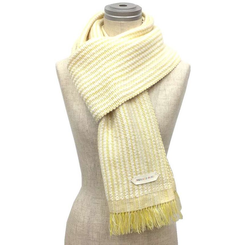 Hermes Leather Patch Scarf Wavy Double Face Cashmere Yellow — view 2