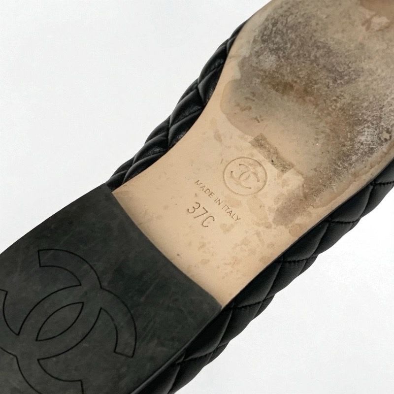 Chanel Loafer Leather Shoes Black Silver Coco Mark Quilted Flat — view 8