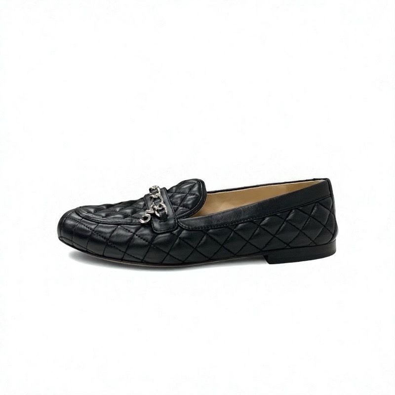 Chanel Loafer Leather Shoes Black Silver Coco Mark Quilted Flat — view 3