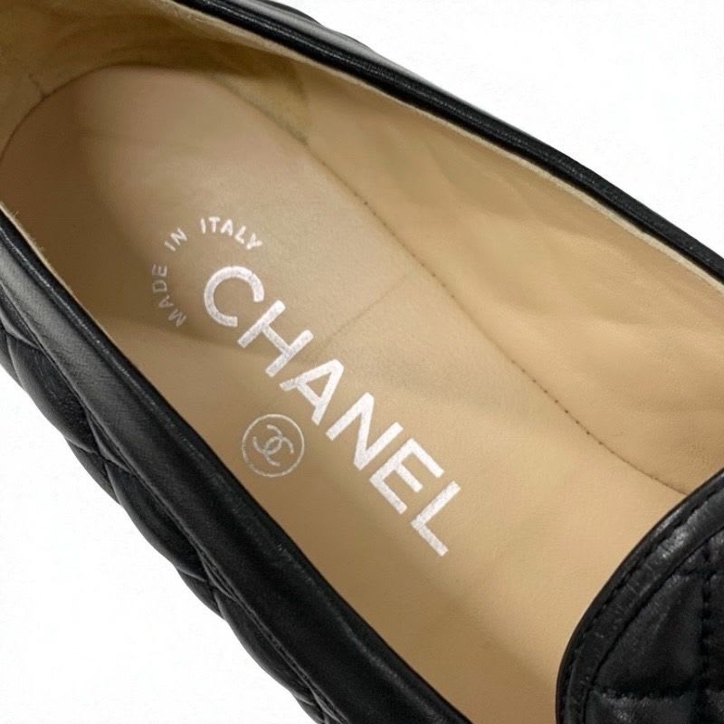 Chanel Loafer Leather Shoes Black Silver Coco Mark Quilted Flat — view 7