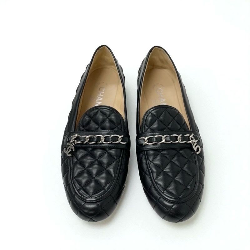 Chanel Loafer Leather Shoes Black Silver Coco Mark Quilted Flat — view 2