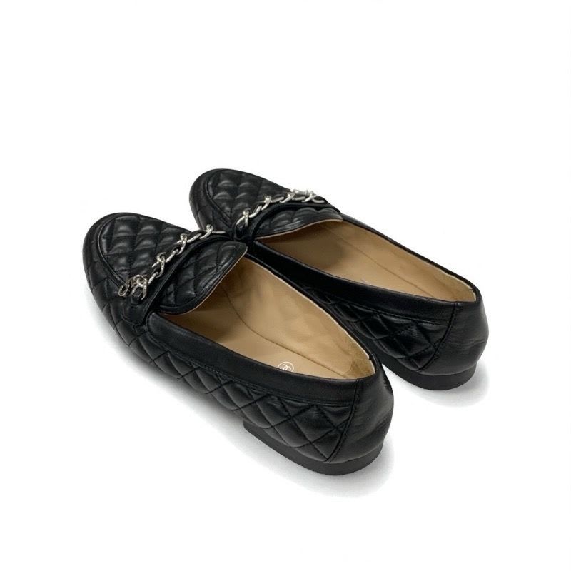 Chanel Loafer Leather Shoes Black Silver Coco Mark Quilted Flat — view 4
