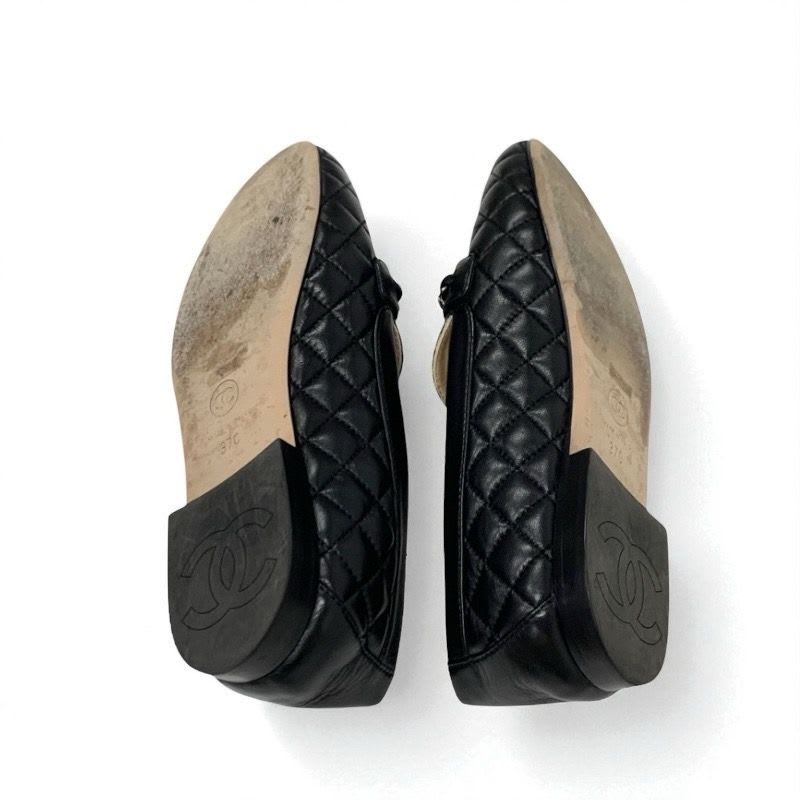 Chanel Loafer Leather Shoes Black Silver Coco Mark Quilted Flat — view 6