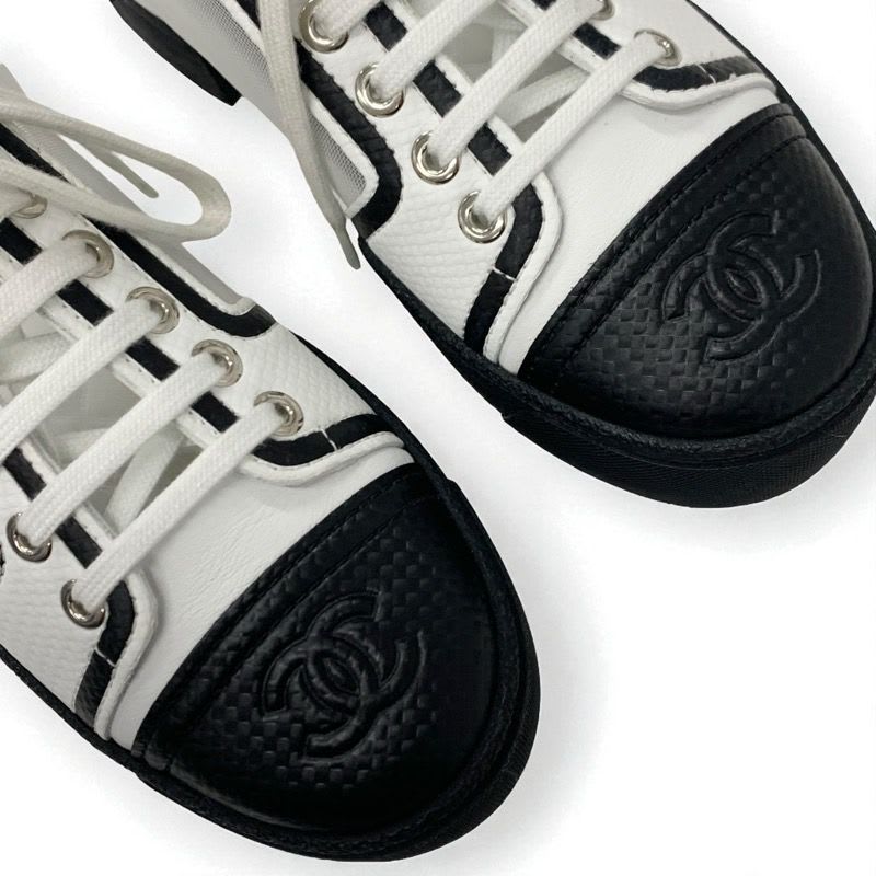 Chanel Sneakers Shoes Leather Mesh White Black Coco Mark Lace Up — view 9