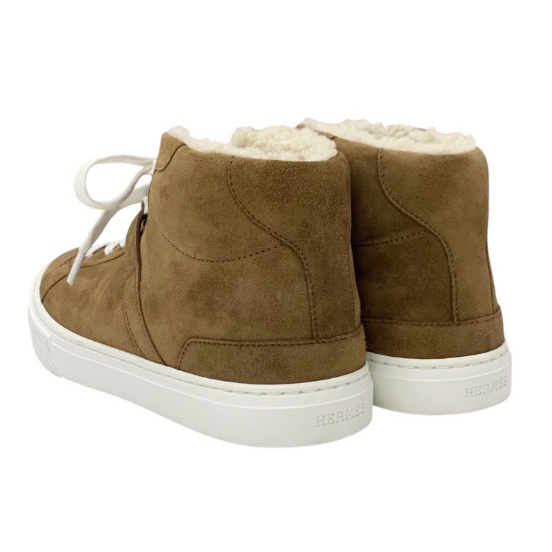 Hermes Daydream Sneakers Shoes Suede Shearling Brown Silver High Cut — view 4