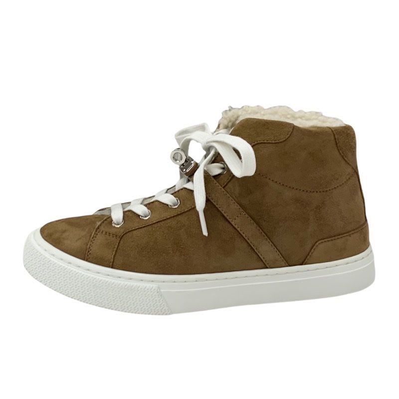 Hermes Daydream Sneakers Shoes Suede Shearling Brown Silver High Cut — view 3