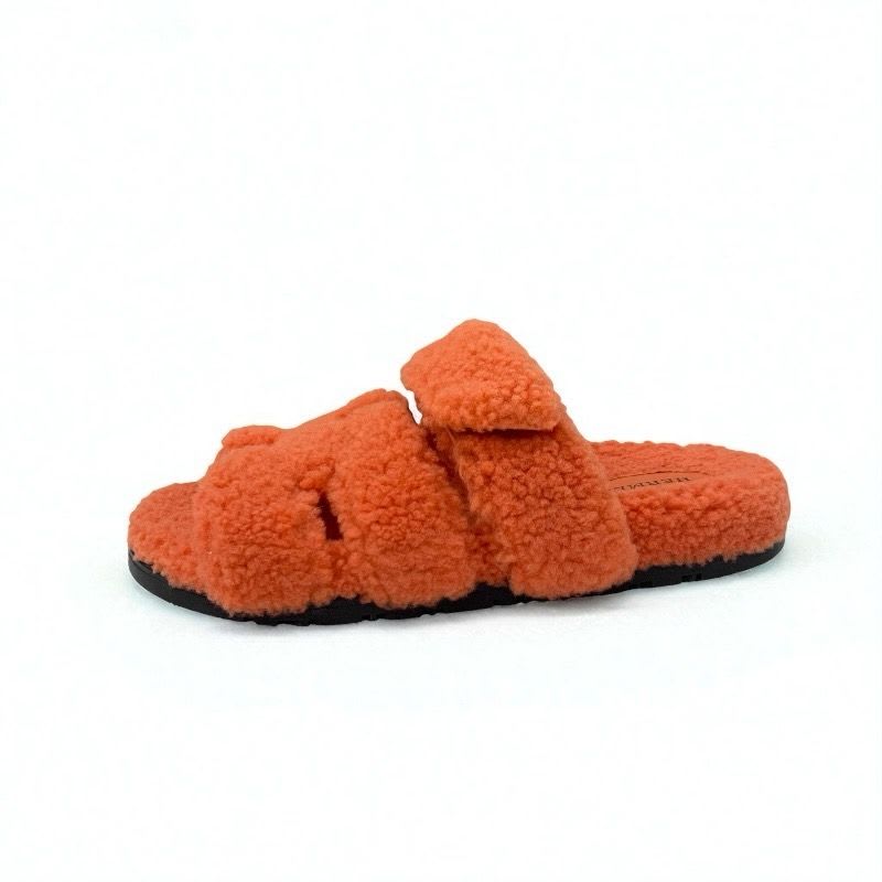Hermes Chypre Sandals Shoes Shearling Orange Flat — view 3