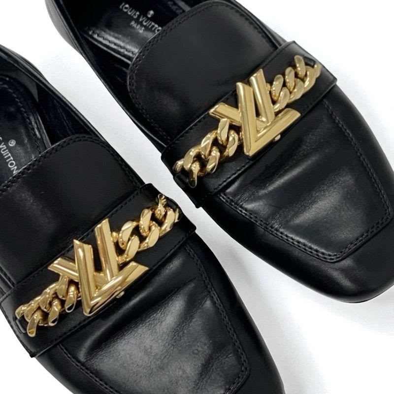 Louis Vuitton Upper Case Line Loafers Leather Shoes Black Gold Chain — view 9
