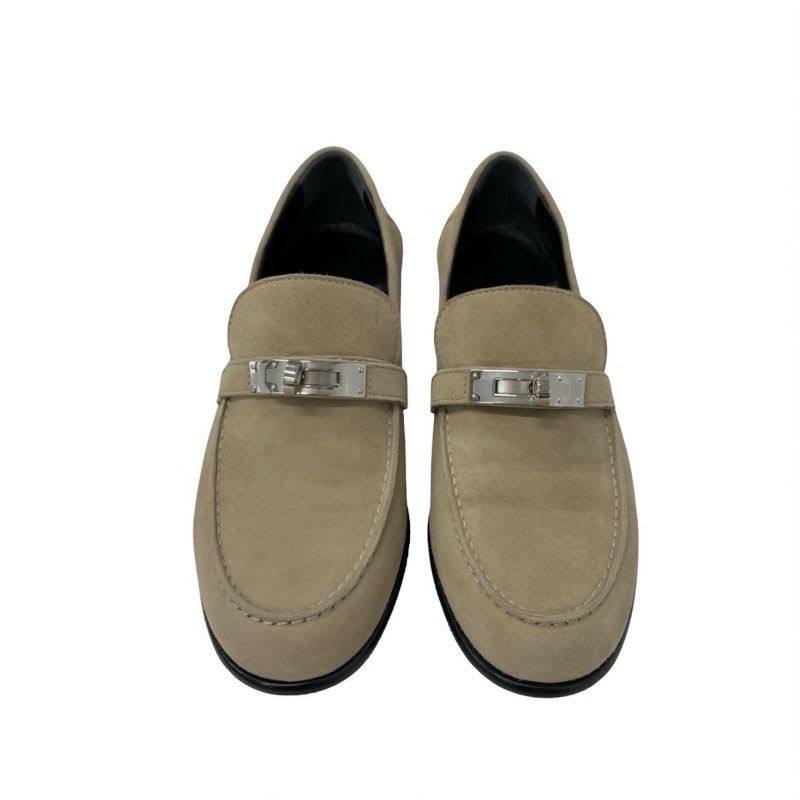 Hermes D'esting Loafers Leather Shoes Suede Beige Silver Moccasins Kelly — view 2