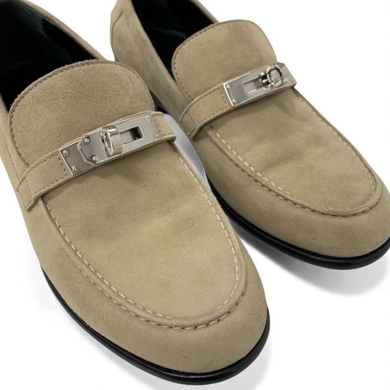 Hermes D'esting Loafers Leather Shoes Suede Beige Silver Moccasins Kelly — view 9