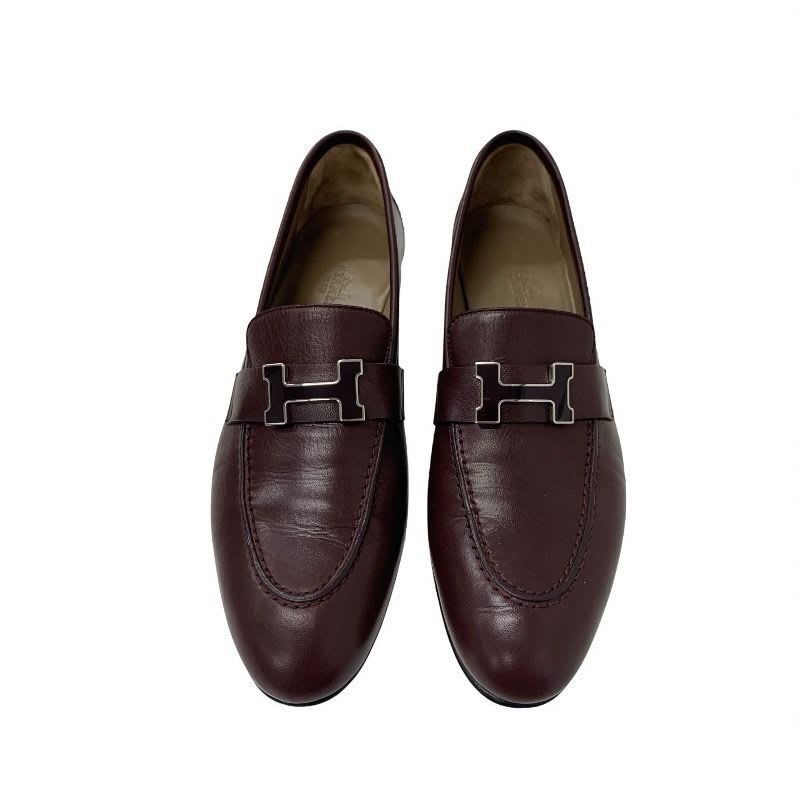 Hermes Paris Loafers Leather Shoes Burgundy Hhardware Moccasins — view 2