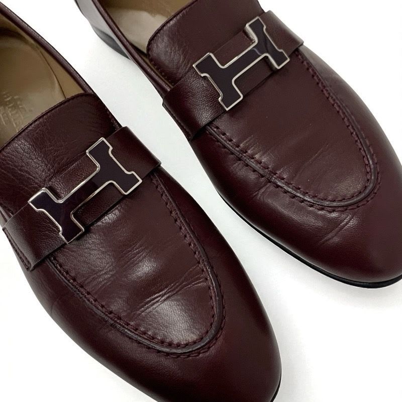 Hermes Paris Loafers Leather Shoes Burgundy Hhardware Moccasins — view 9