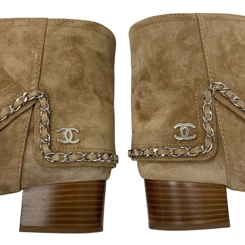 Chanel Boots Short Shoes Suede Beige Silver Coco Mark Chain — view 9