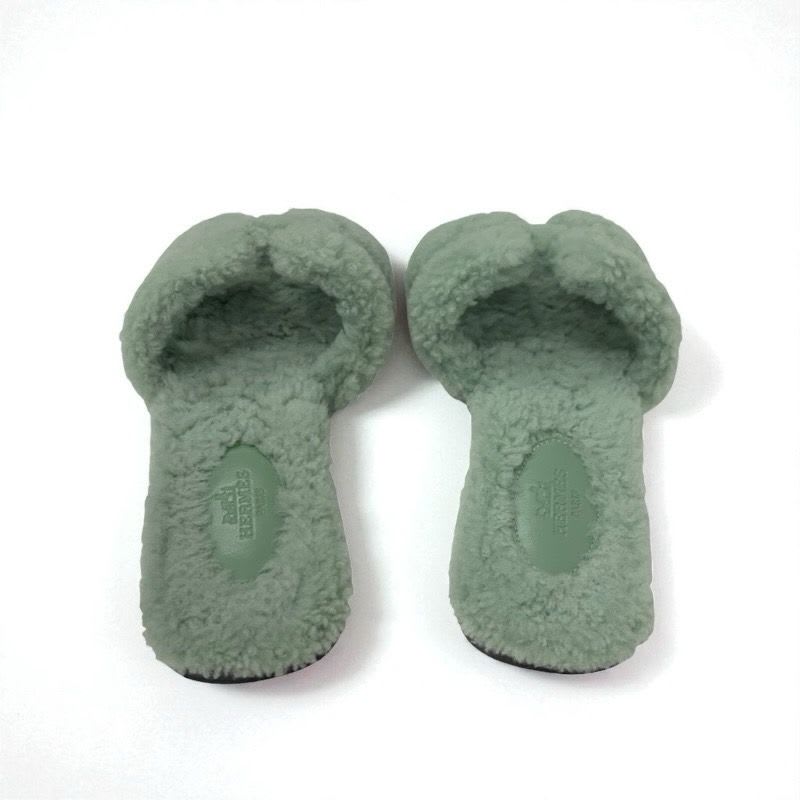 Hermes Oran Sandals Shoes Shearling Green Flat Mule — view 5