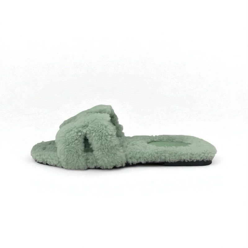 Hermes Oran Sandals Shoes Shearling Green Flat Mule — view 3