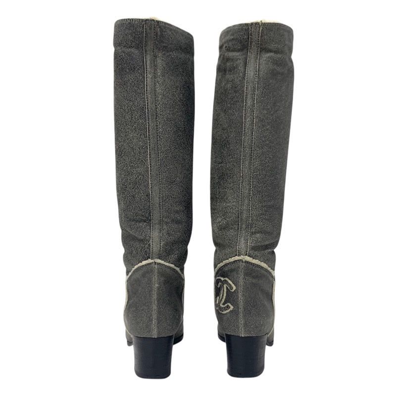Chanel Boots Long Shoes Leather Shearling Gray Coco Mark — view 5