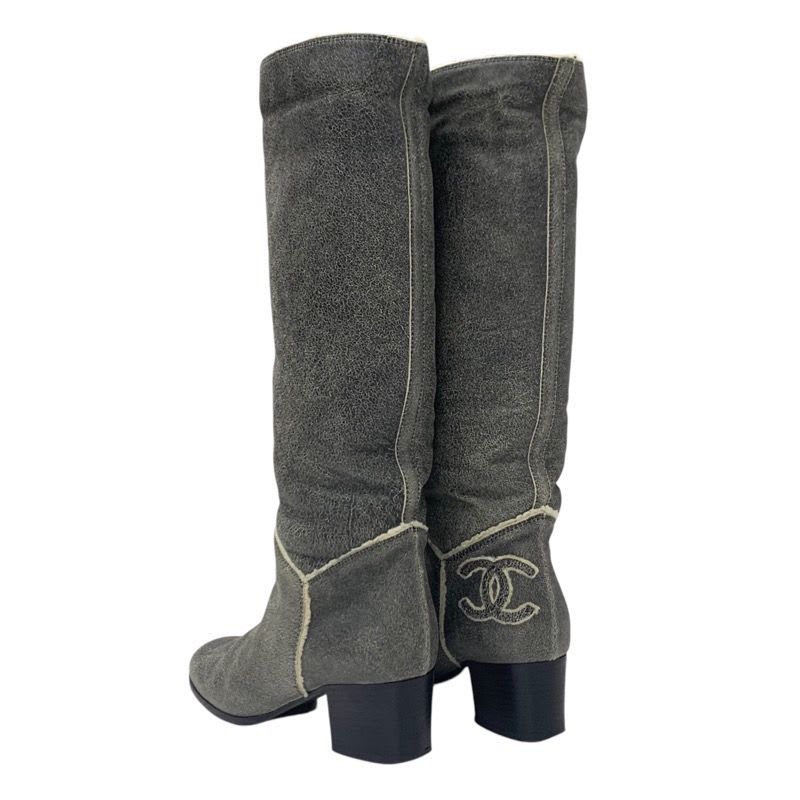 Chanel Boots Long Shoes Leather Shearling Gray Coco Mark — view 4