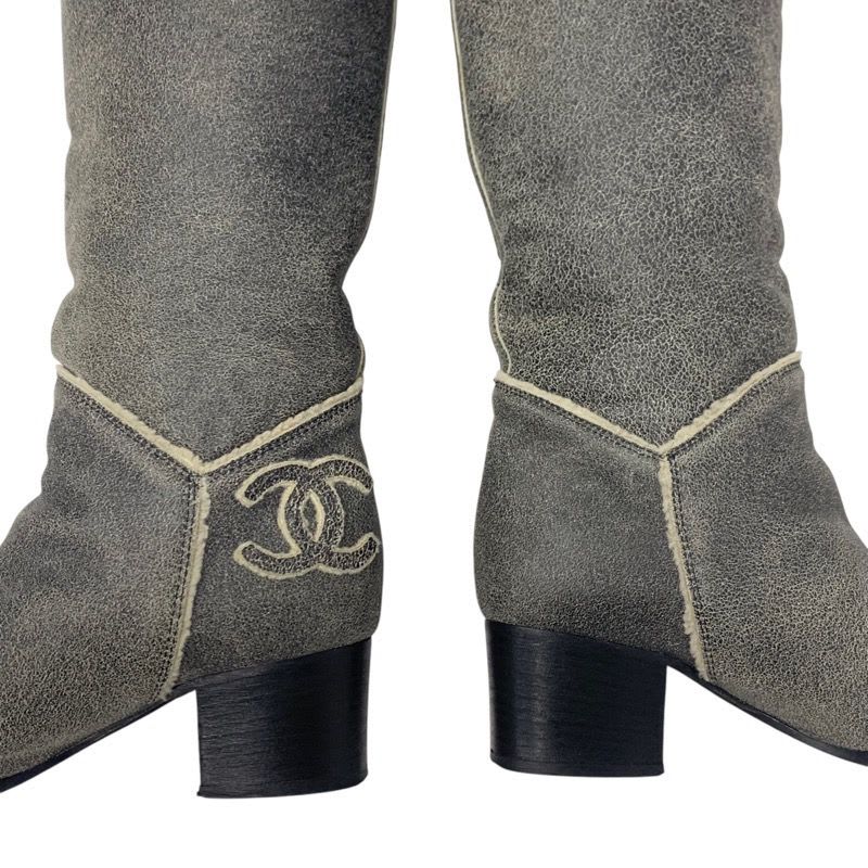 Chanel Boots Long Shoes Leather Shearling Gray Coco Mark — view 9
