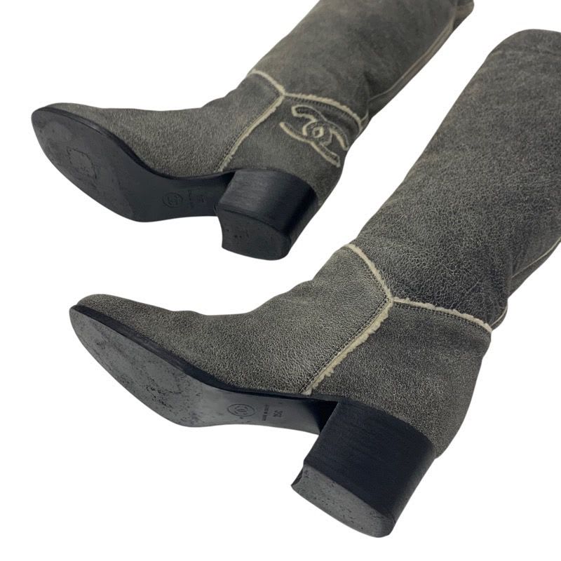 Chanel Boots Long Shoes Leather Shearling Gray Coco Mark — view 6