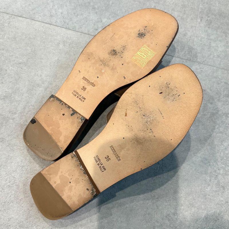 Hermes Sandals Oran H Logo Flat Shoes Mules Etoupe Gray 36 — view 8
