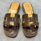 Hermes Sandals Oran H Logo Flat Shoes Mules Etoupe Gray 36 — view 6