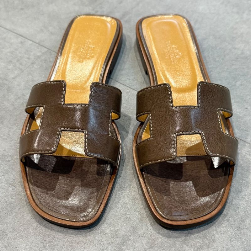 Hermes Sandals Oran H Logo Flat Shoes Mules Etoupe Gray 36 — view 6