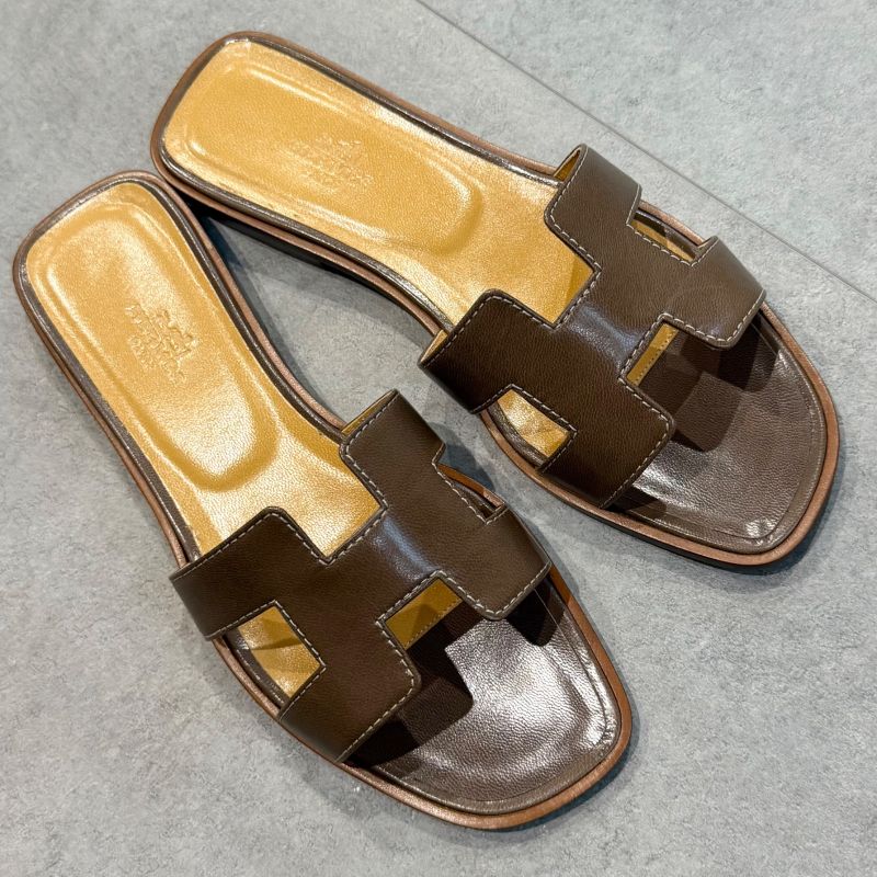 Hermes Sandals Oran H Logo Flat Shoes Mules Etoupe Gray 36 — view 2