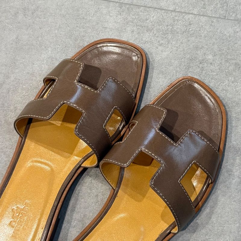 Hermes Sandals Oran H Logo Flat Shoes Mules Etoupe Gray 36 — view 3