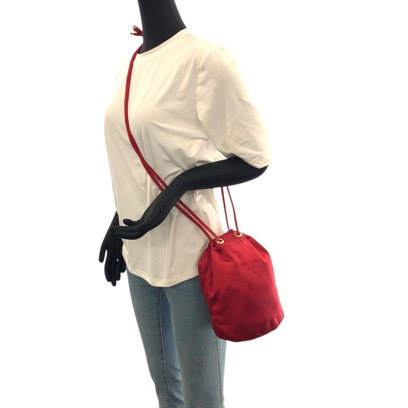 Prada Logo Embroidery Red Gold Hardware Satin Shoulder Bag Pouch Drawstring — view 8