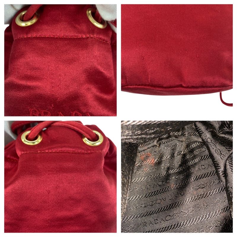 Prada Logo Embroidery Red Gold Hardware Satin Shoulder Bag Pouch Drawstring — view 7