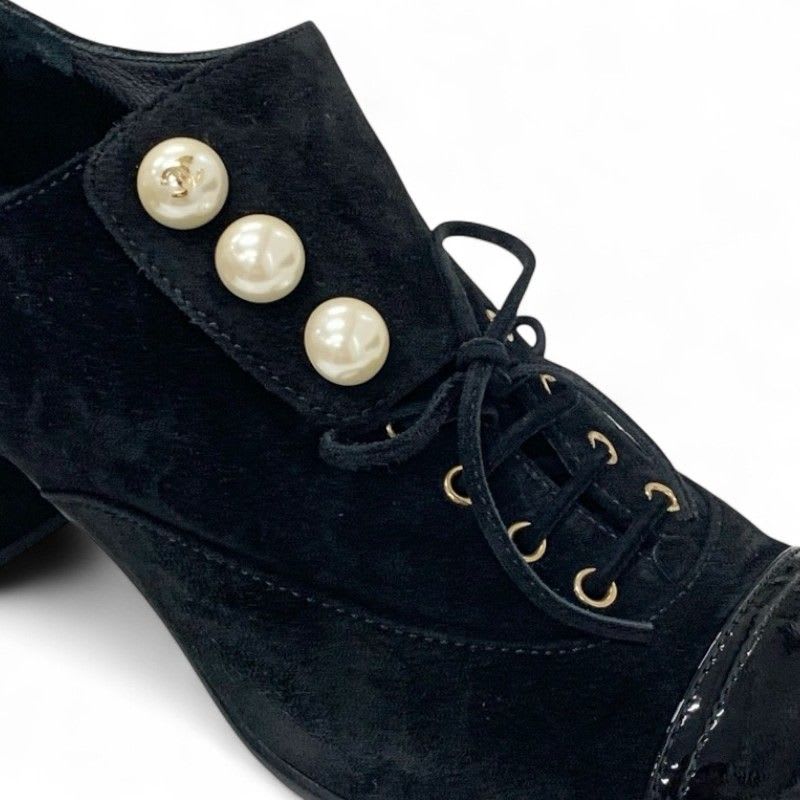Chanel Loafers Leather Shoes Suede Patent Black Pearl Coco Mark Lace Up — view 9
