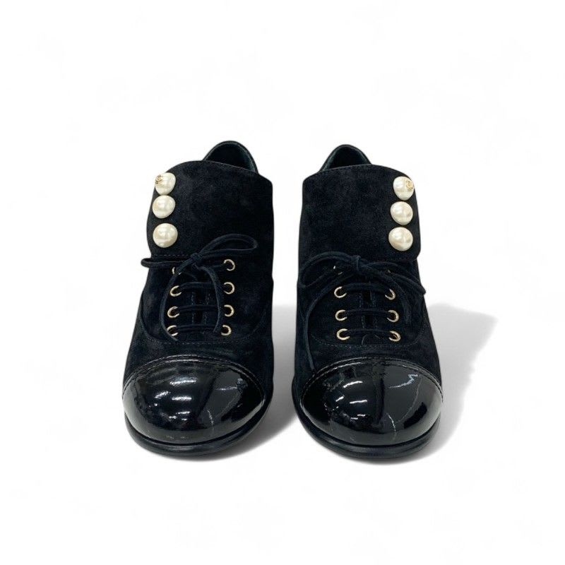 Chanel Loafers Leather Shoes Suede Patent Black Pearl Coco Mark Lace Up — view 2