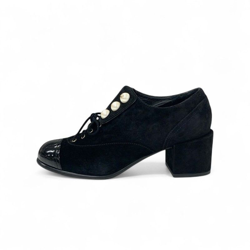 Chanel Loafers Leather Shoes Suede Patent Black Pearl Coco Mark Lace Up — view 3