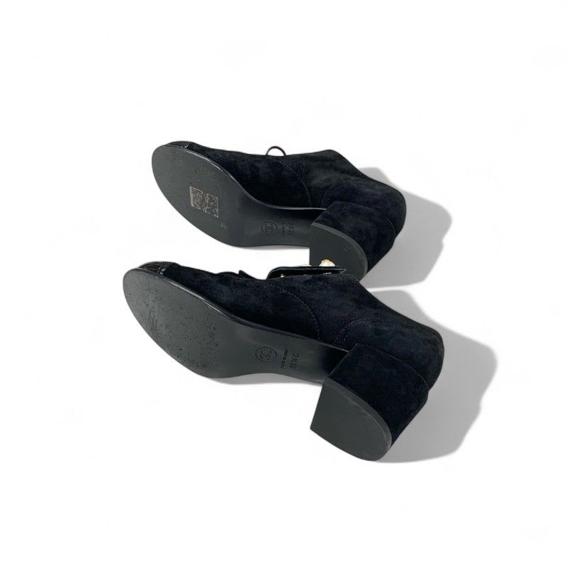 Chanel Loafers Leather Shoes Suede Patent Black Pearl Coco Mark Lace Up — view 6