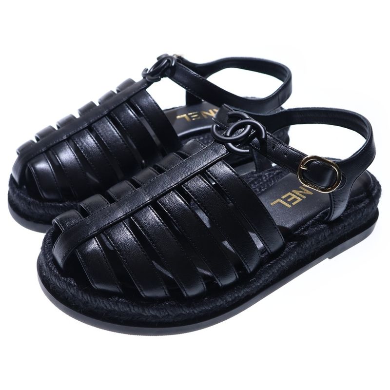 Chanel Gladiator Coco Mark Espadrilles Lambskin Sandals Gold Hardware Black — view 2