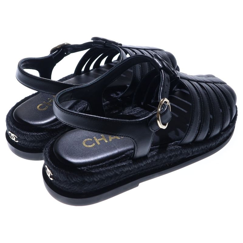 Chanel Gladiator Coco Mark Espadrilles Lambskin Sandals Gold Hardware Black — view 3